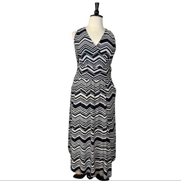 French Connection NEW Black Tan Chevron Surplice Wide Waistband Maxi Dress 1X - Picture 1 of 11